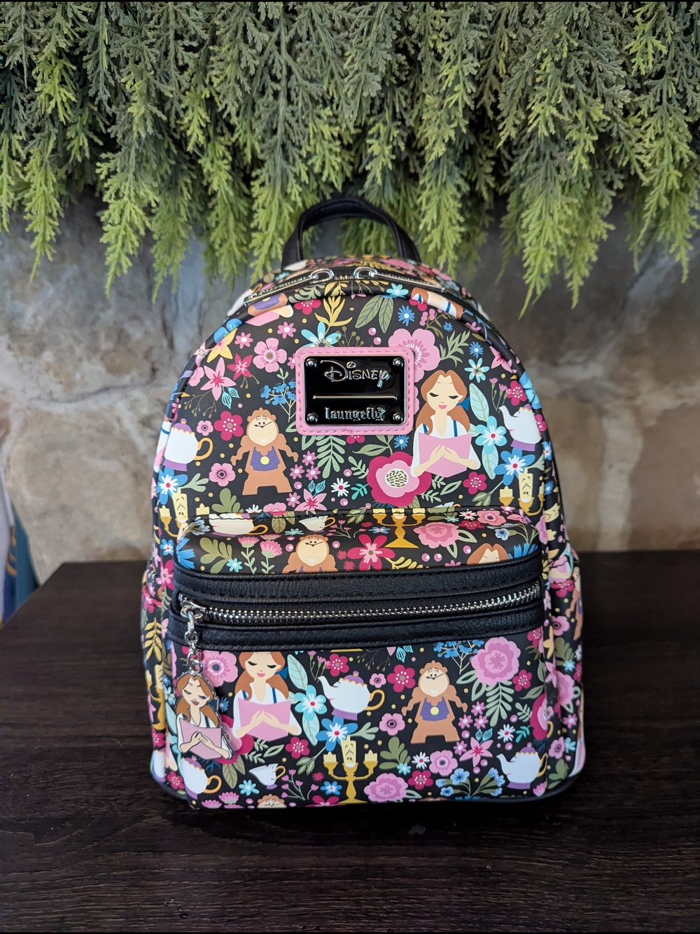 Loungefly Disney Belle Floral Black Mini Backpack with Pink & Blue Accents
